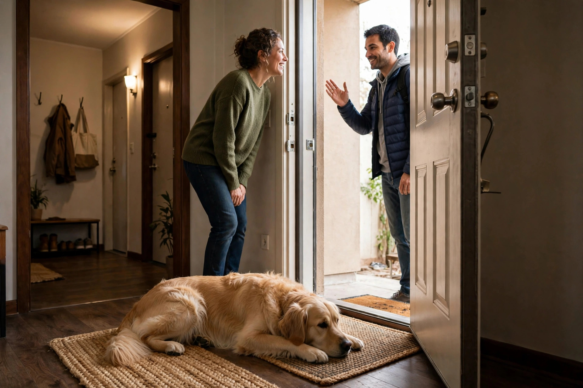dog lying calmly on a mat inside the front door while the owner greets a visitor