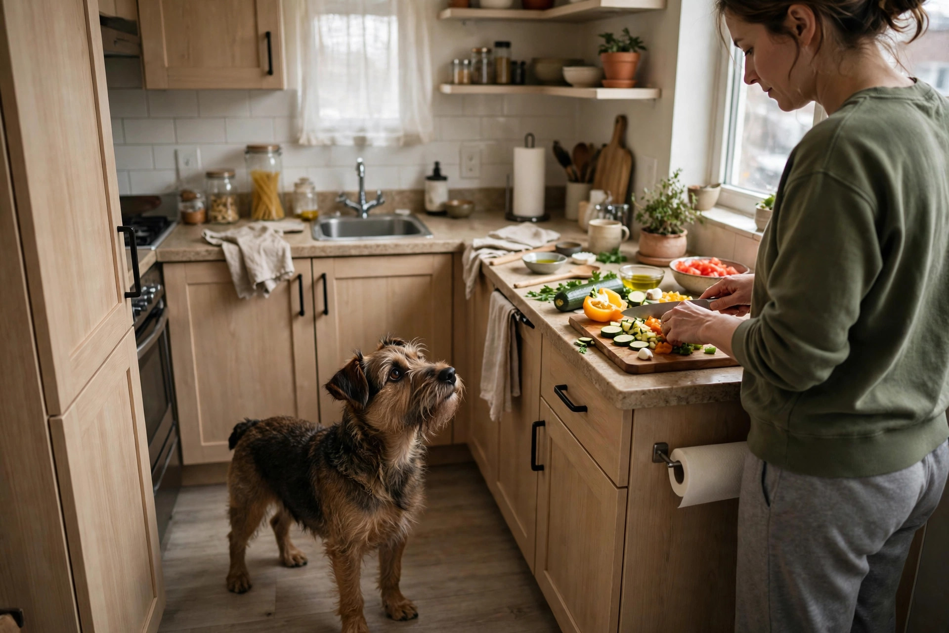 small terrier looking up at its owner in a compact apartment kitchen