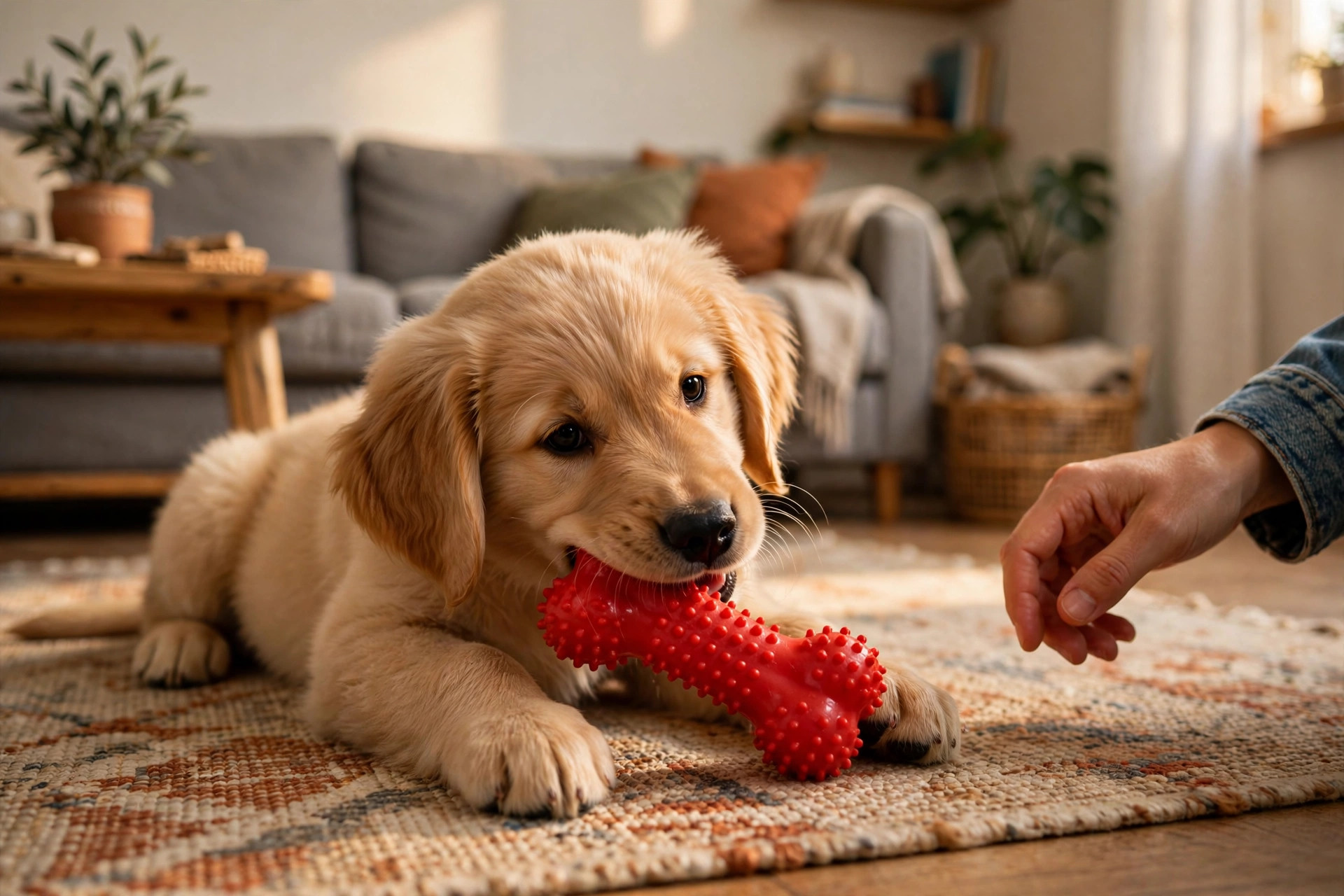 golden retriever puppy chewing a red rubber chew toy on a rug in a small apartment living room