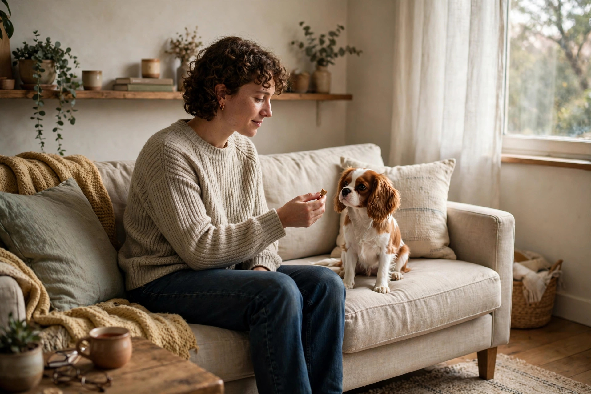 person on a small apartment sofa rewarding a quiet small dog with a treat