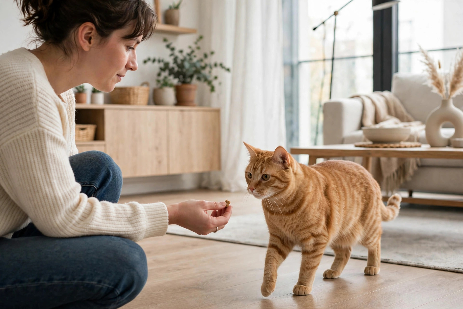 orange tabby cat walking toward a person crouching with an outstretched hand holding a treat in a bright apartment