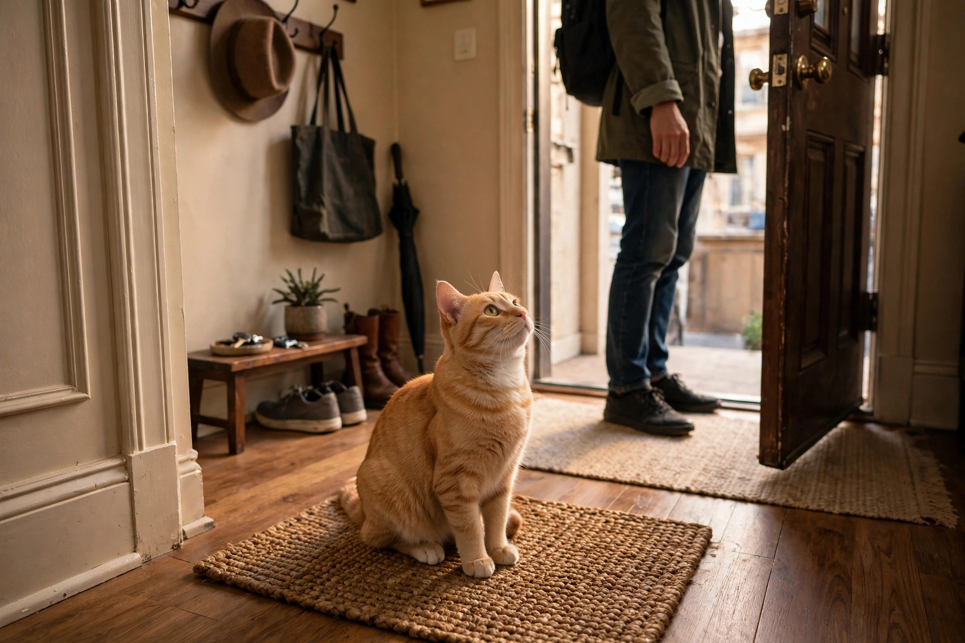 cat sitting patiently on a small mat in an apartment entryway near the front door