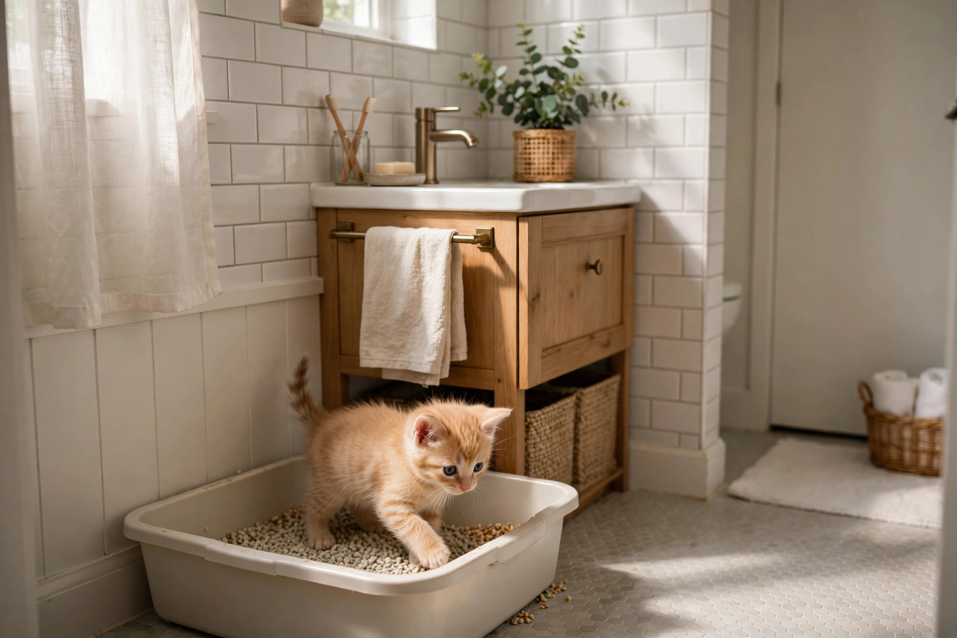 tiny kitten stepping into a low-sided litter box in a small apartment bathroom