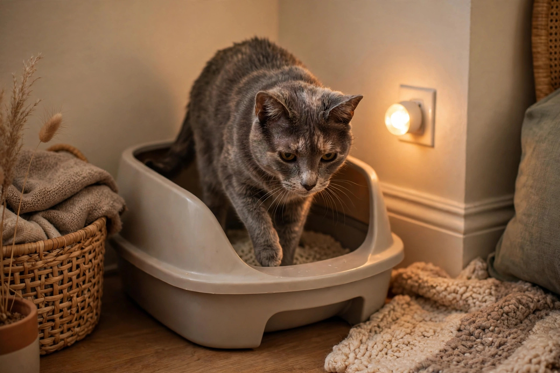 senior grey cat stepping into a low-entry litter box in a cozy apartment corner