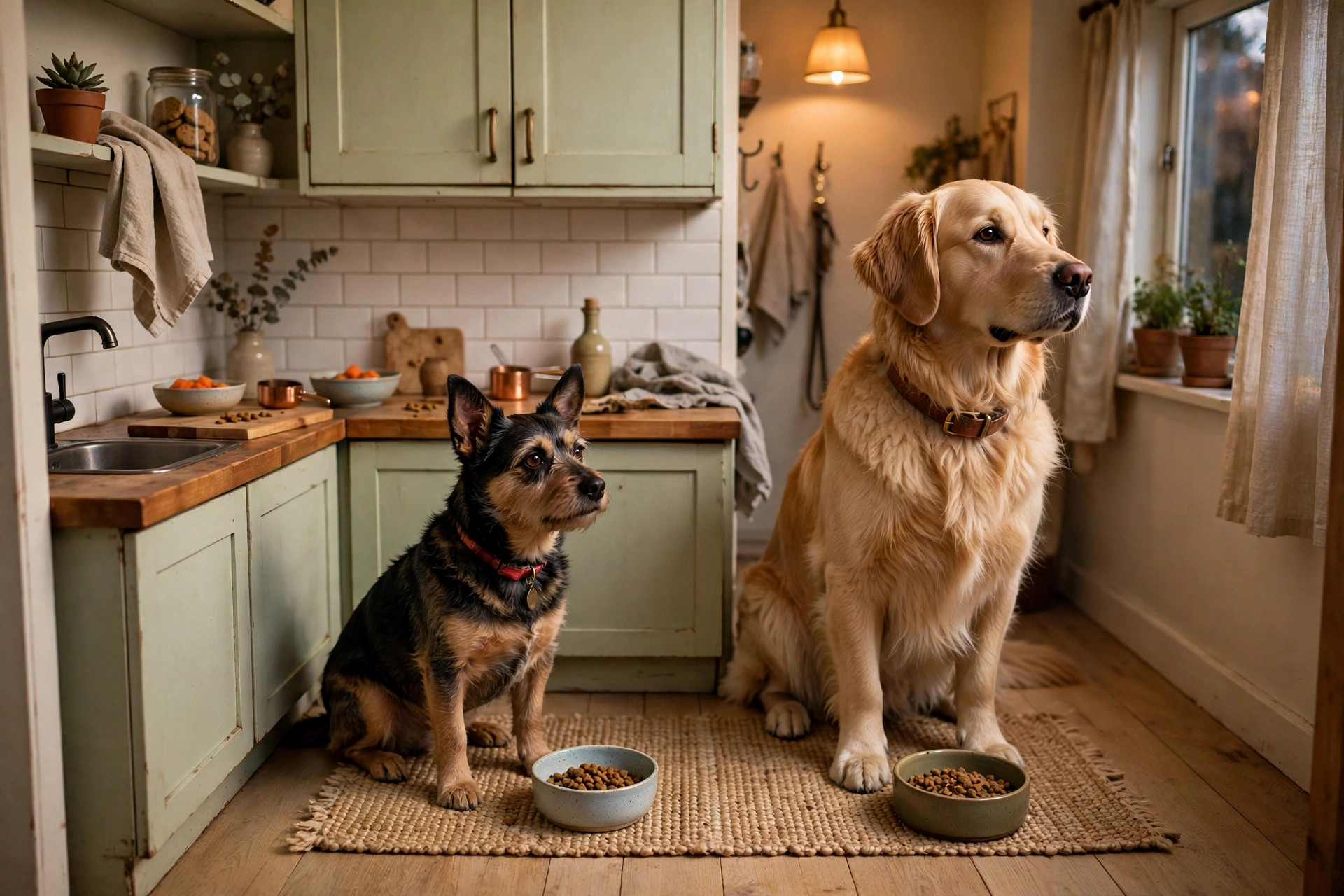 two dogs of different sizes sitting patiently side by side in a tiny apartment kitchen, each in front of their own food bowl