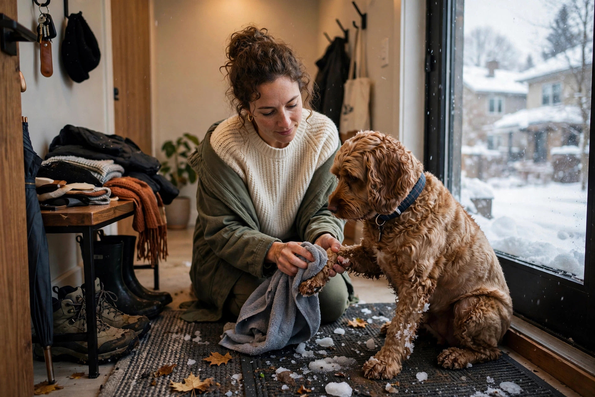 owner gently wiping a dog's paws with a towel at the apartment entryway after a winter walk