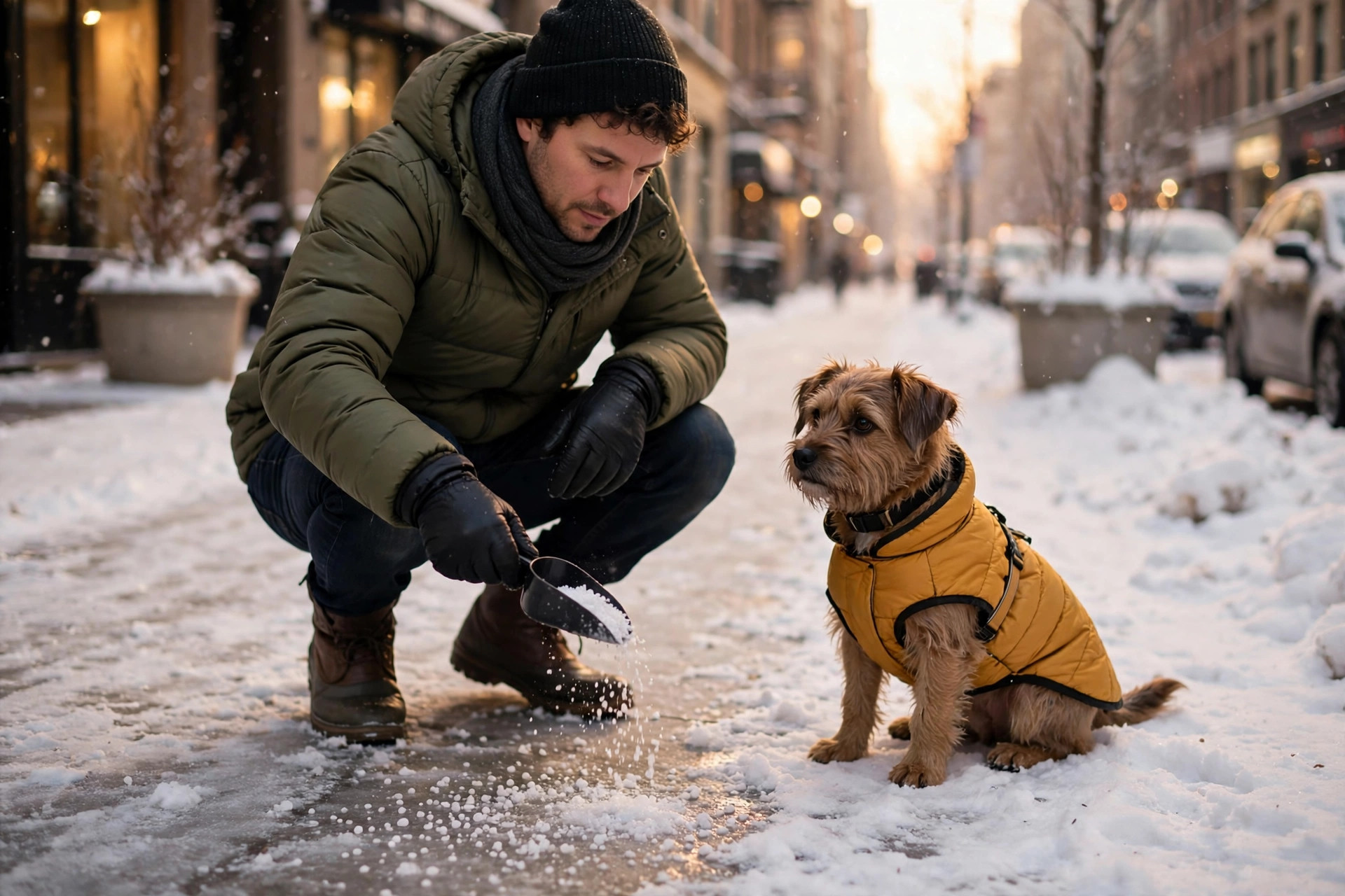 person applying pet-safe ice melt on a snowy city sidewalk with a leashed dog nearby
