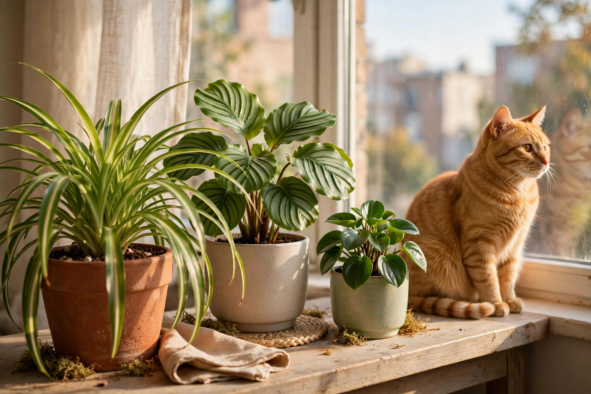 Pet-safe indoor plants on a windowsill with a cat nearby