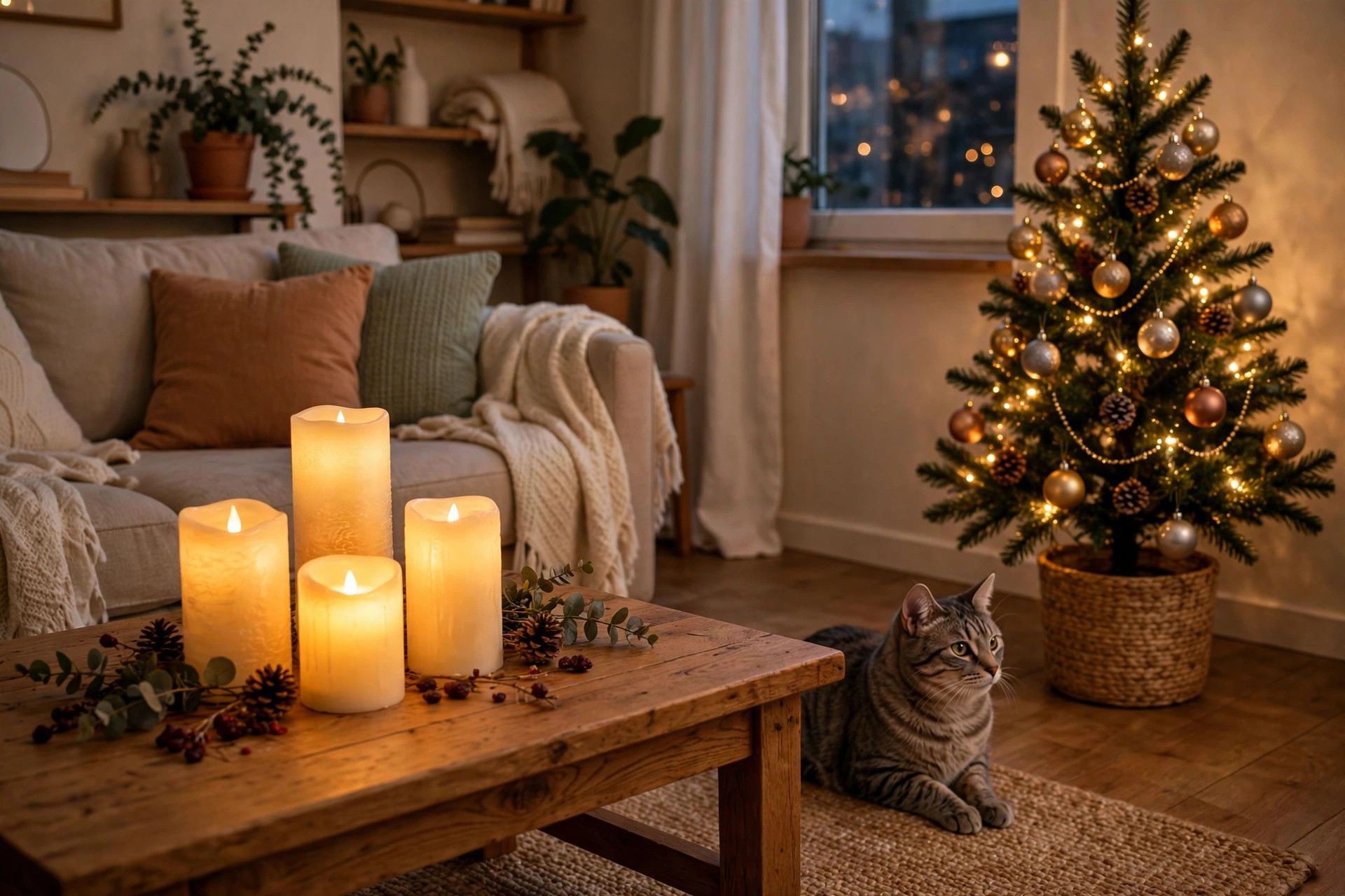 cozy apartment living room with glowing flameless LED candles and a small decorated Christmas tree, cat sitting calmly nearby