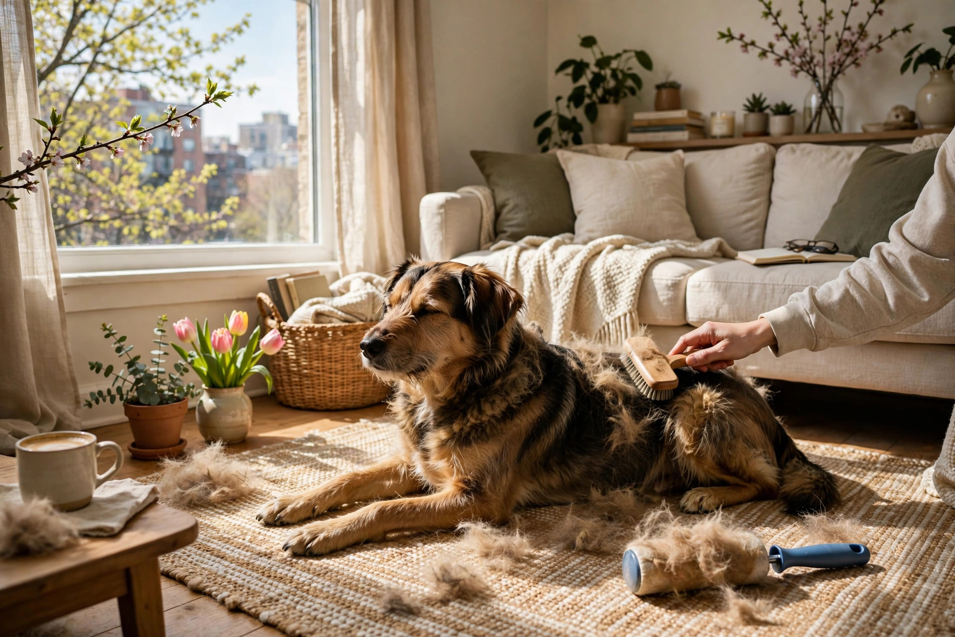 dog being brushed on apartment rug during seasonal shedding