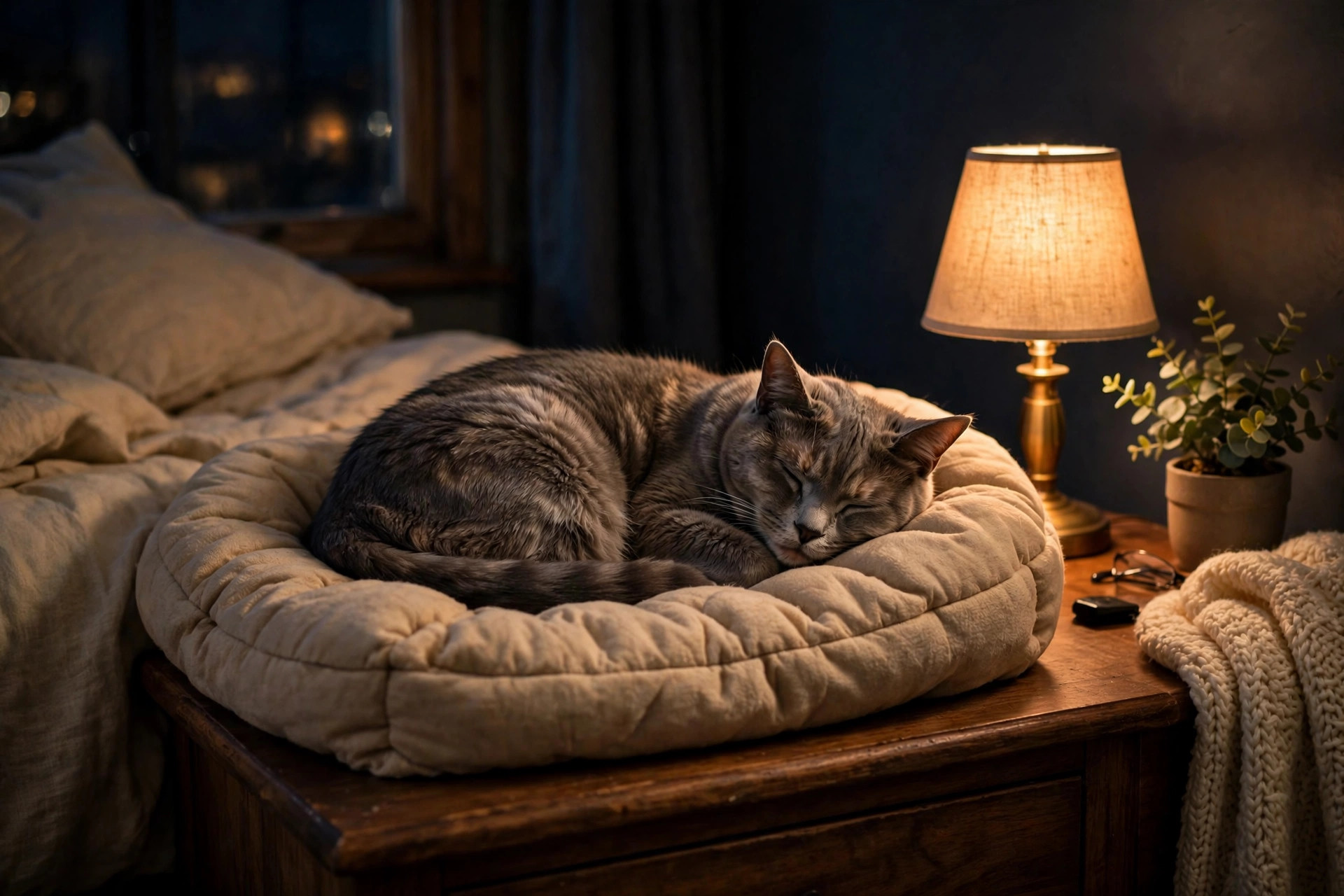a senior gray cat asleep on a heated bed on a nightstand beside a dim warm lamp in a cozy small apartment bedroom