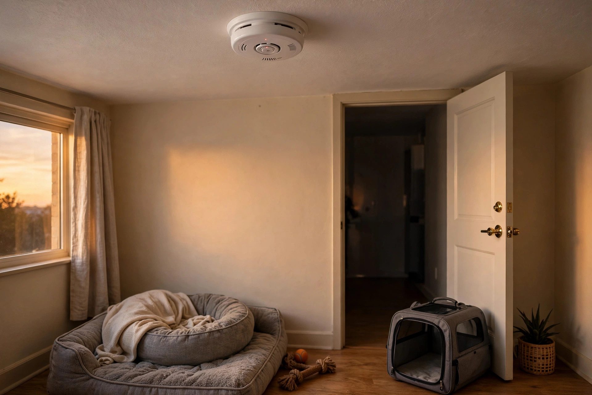 Smoke and carbon monoxide detector on an apartment ceiling above a dog bed with a cat carrier by the door