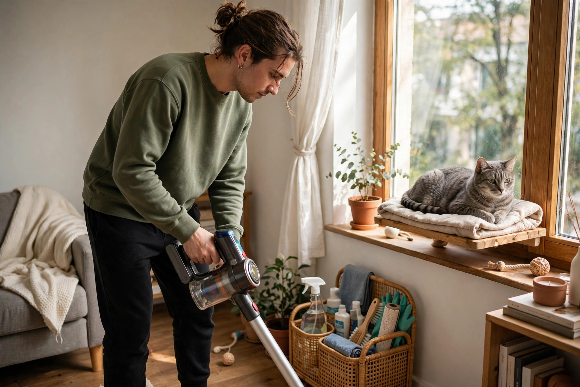 person vacuuming small pet friendly apartment in quick weekly routine