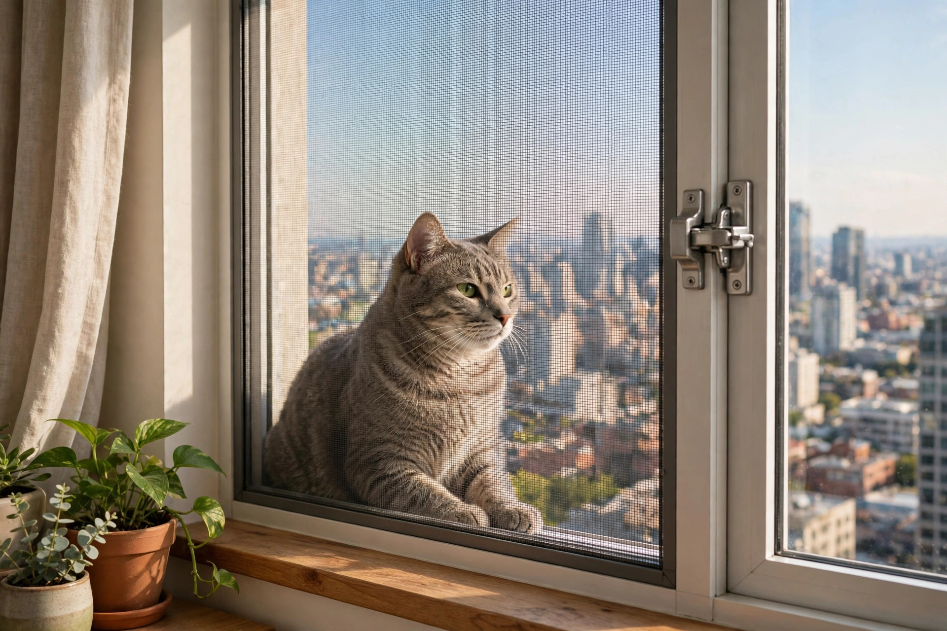 Cat sitting safely behind a reinforced pet-proof window screen in a high-rise apartment